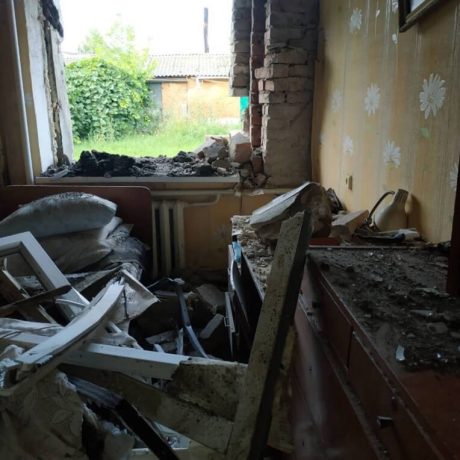 A UKRAINIAN HOME TAKES A HIT FROM THE SHELLING. THESE ARE THE TYPES OF HOLES THAT OUR SHELTER MATERIALS HELP ADDRESS.